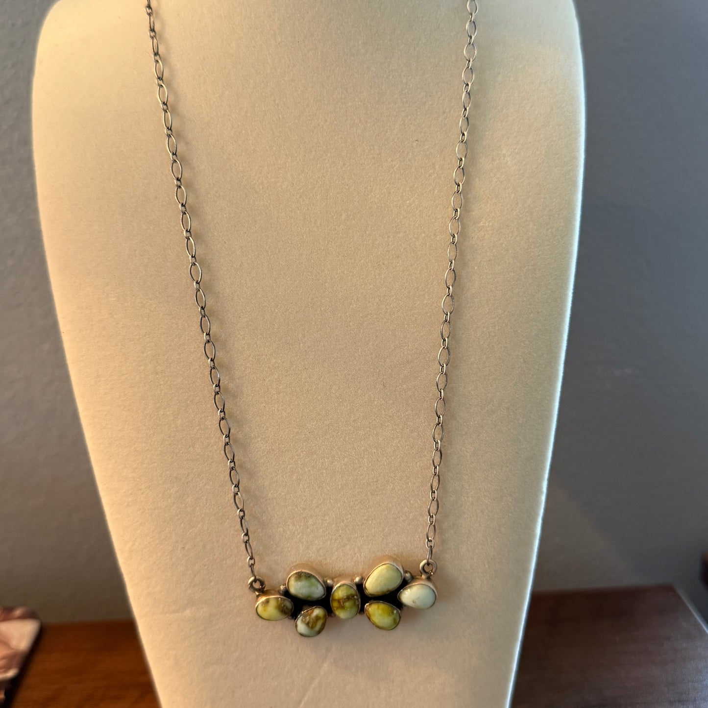 Native Inspired Palomino Turquoise Seven Gemstone Cluster Sterling Bar Pendant