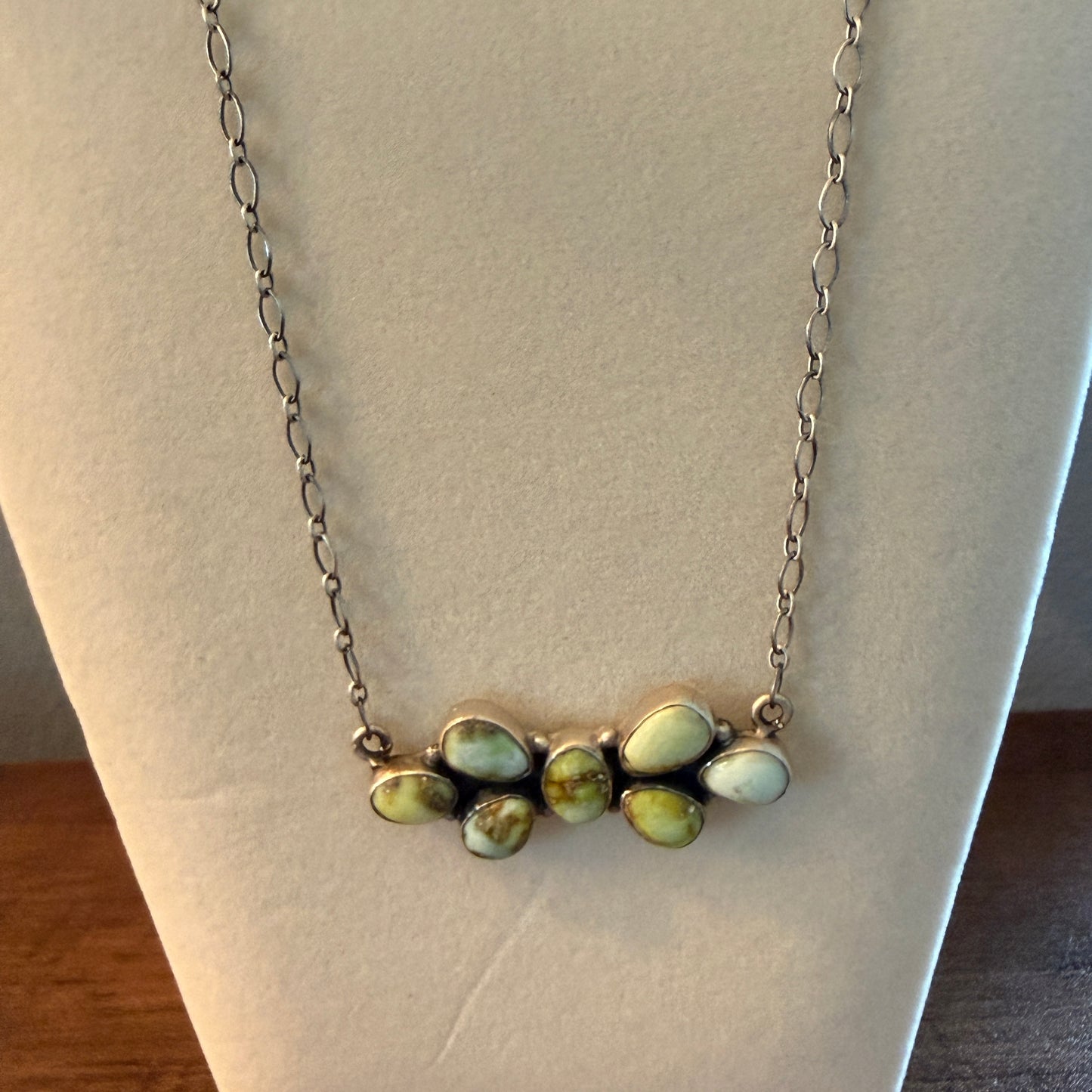 Native Inspired Palomino Turquoise Seven Gemstone Cluster Sterling Bar Pendant