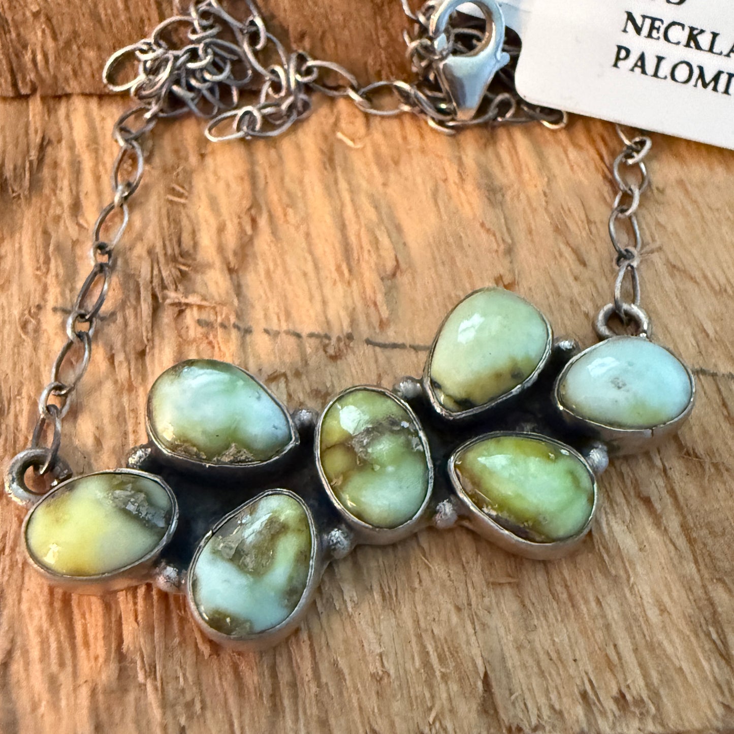 Native Inspired Palomino Turquoise Seven Gemstone Cluster Sterling Bar Pendant