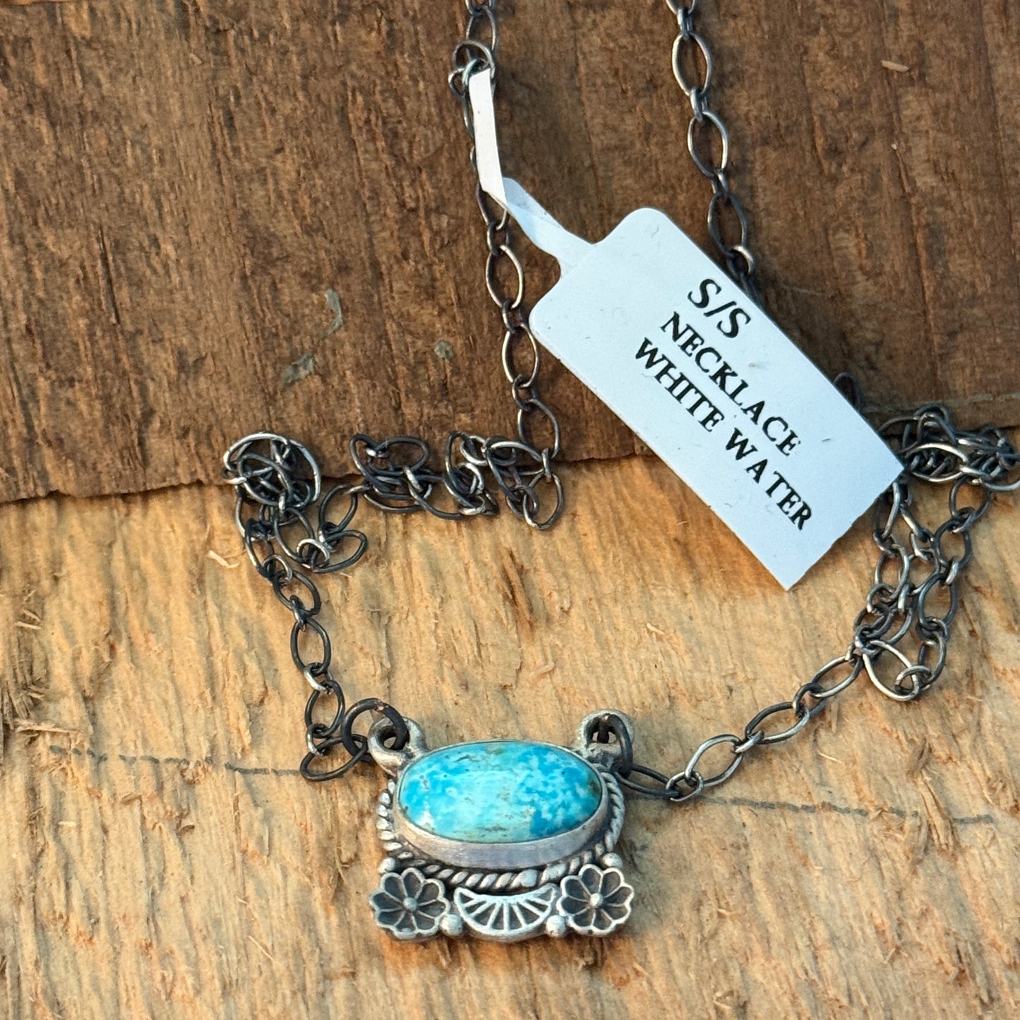 Navajo Inspired White Water Turquoise Pendant Necklace Sterling Silver