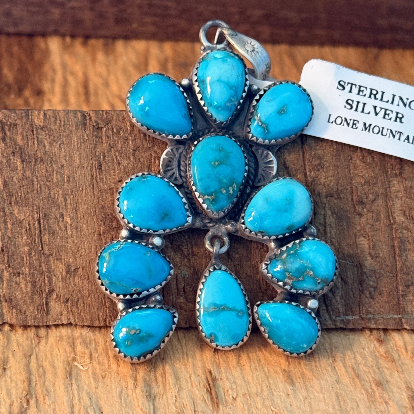Native Inspired Lone Mountain Turquoise Cluster Sterling Silver Pendant