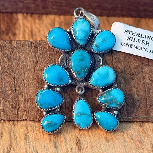 Native Inspired Lone Mountain Turquoise Cluster Sterling Silver Pendant