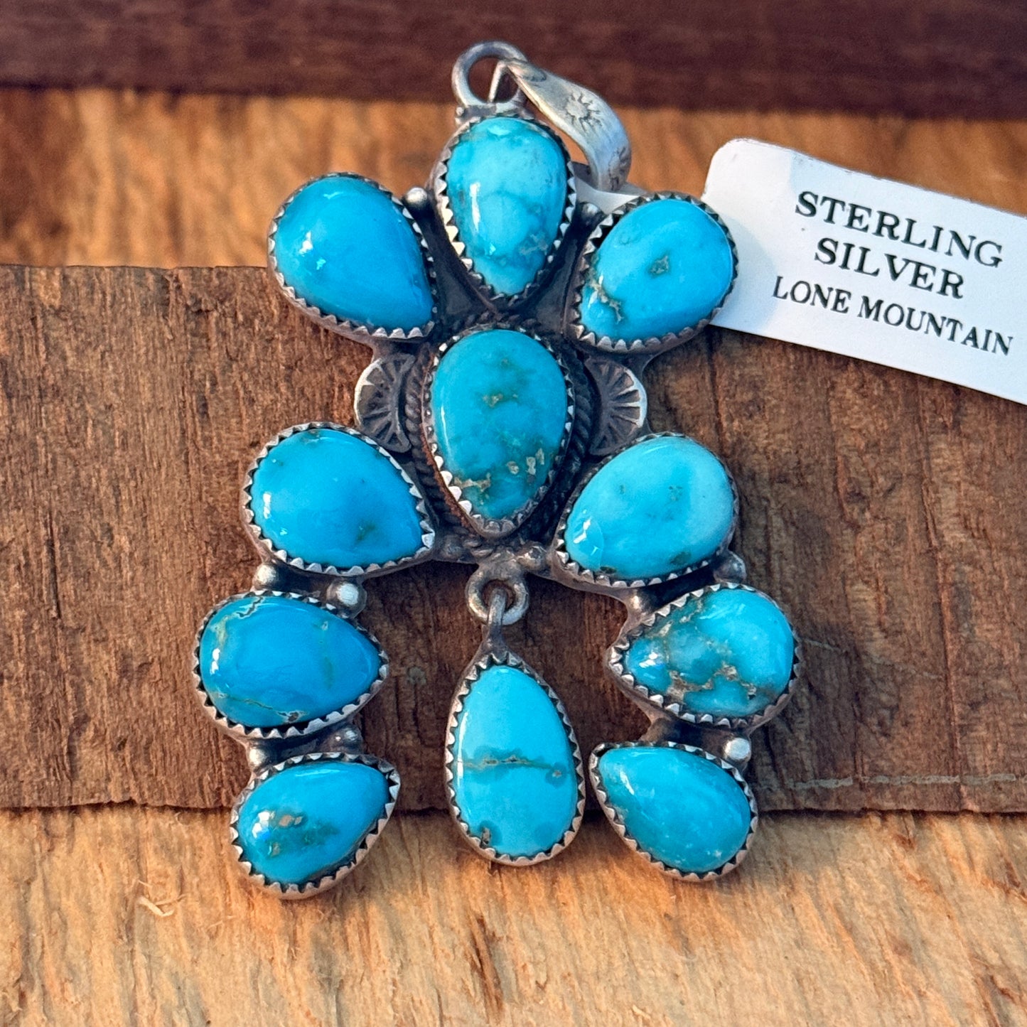 Native Inspired Lone Mountain Turquoise Cluster Sterling Silver Pendant