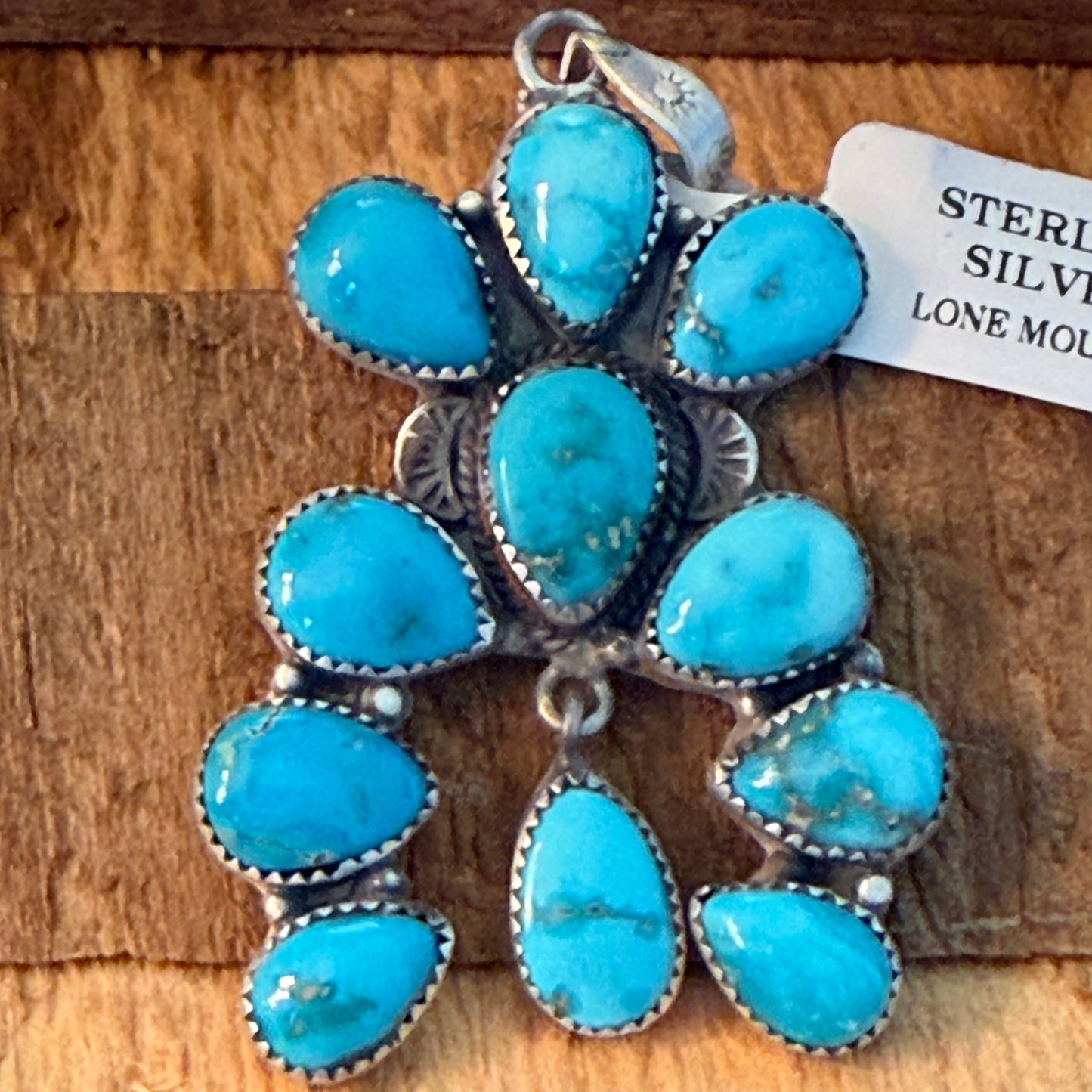 Native Inspired Lone Mountain Turquoise Cluster Sterling Silver Pendant