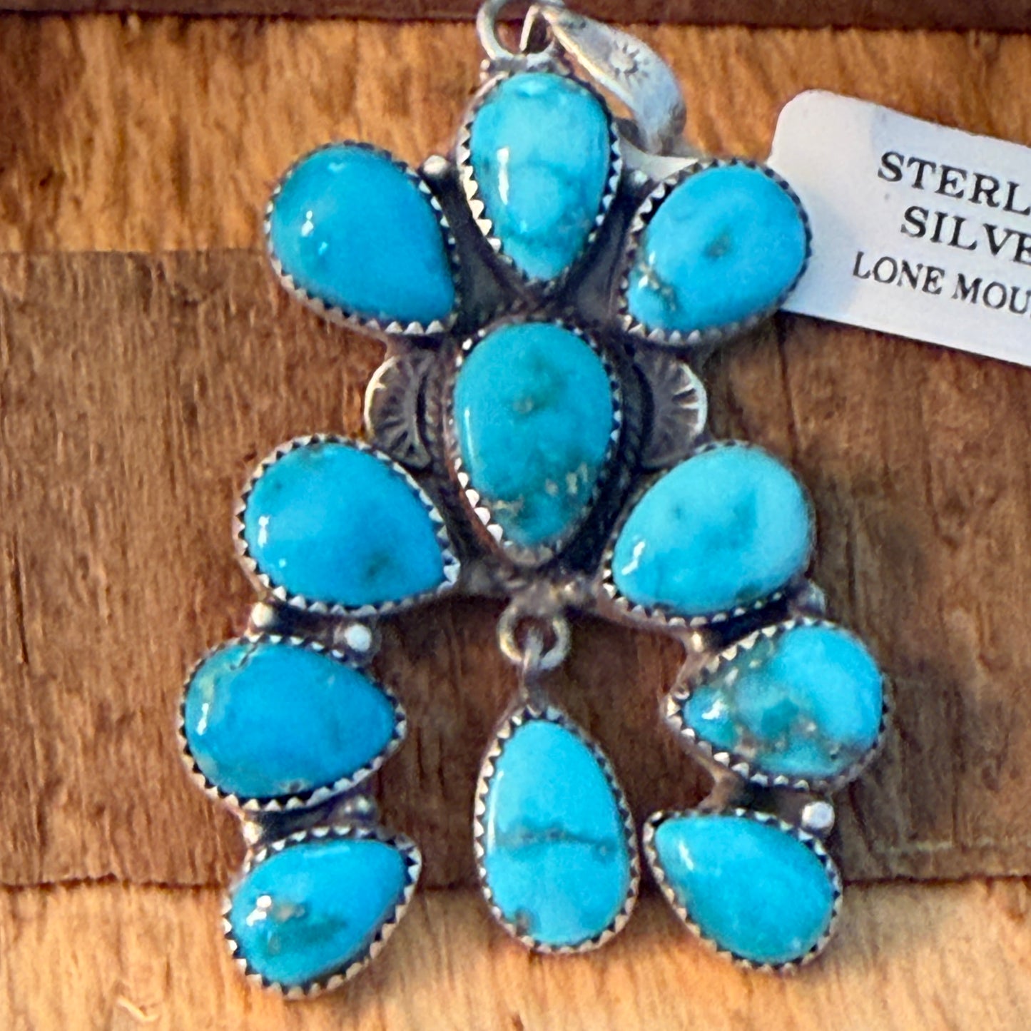 Native Inspired Lone Mountain Turquoise Cluster Sterling Silver Pendant