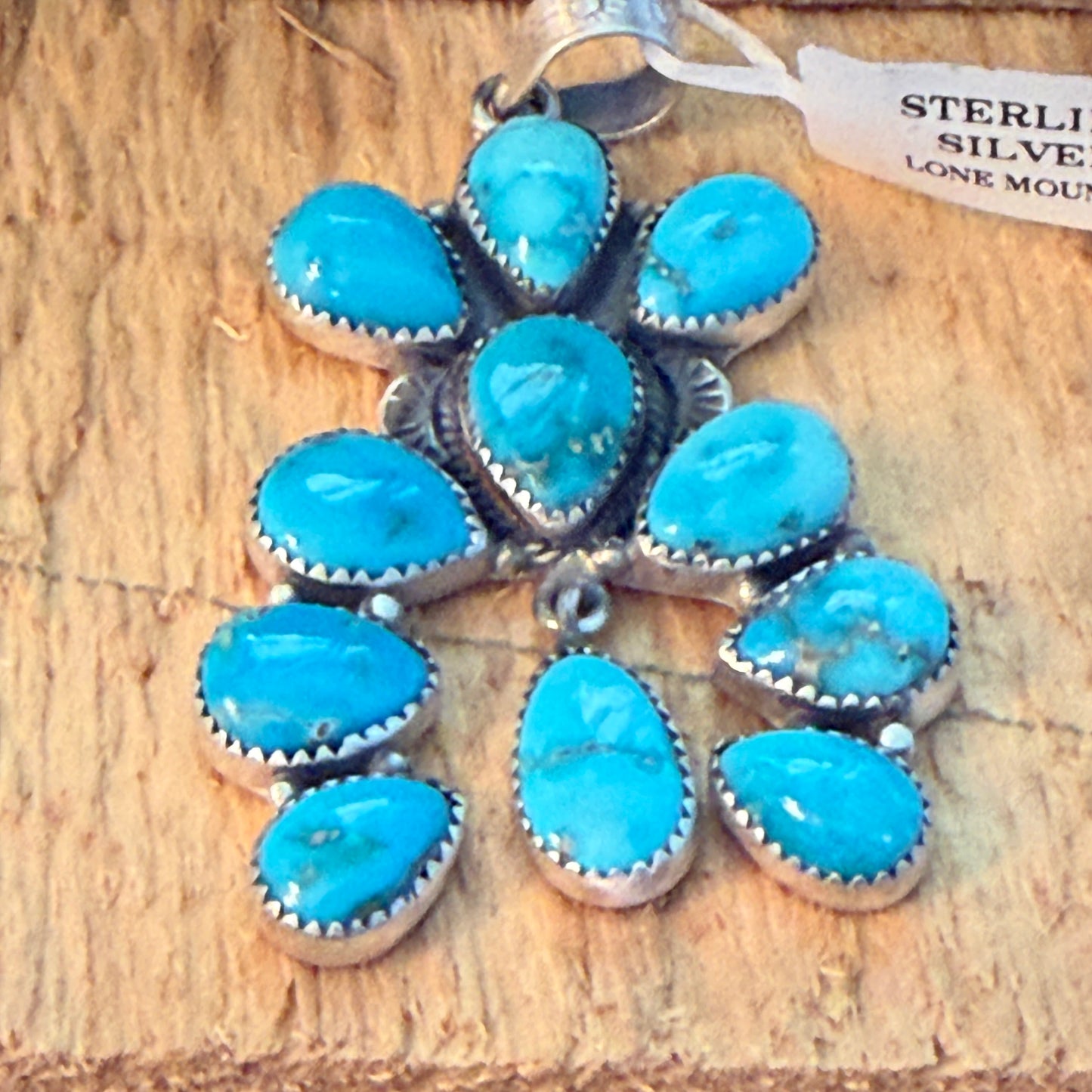 Native Inspired Lone Mountain Turquoise Cluster Sterling Silver Pendant
