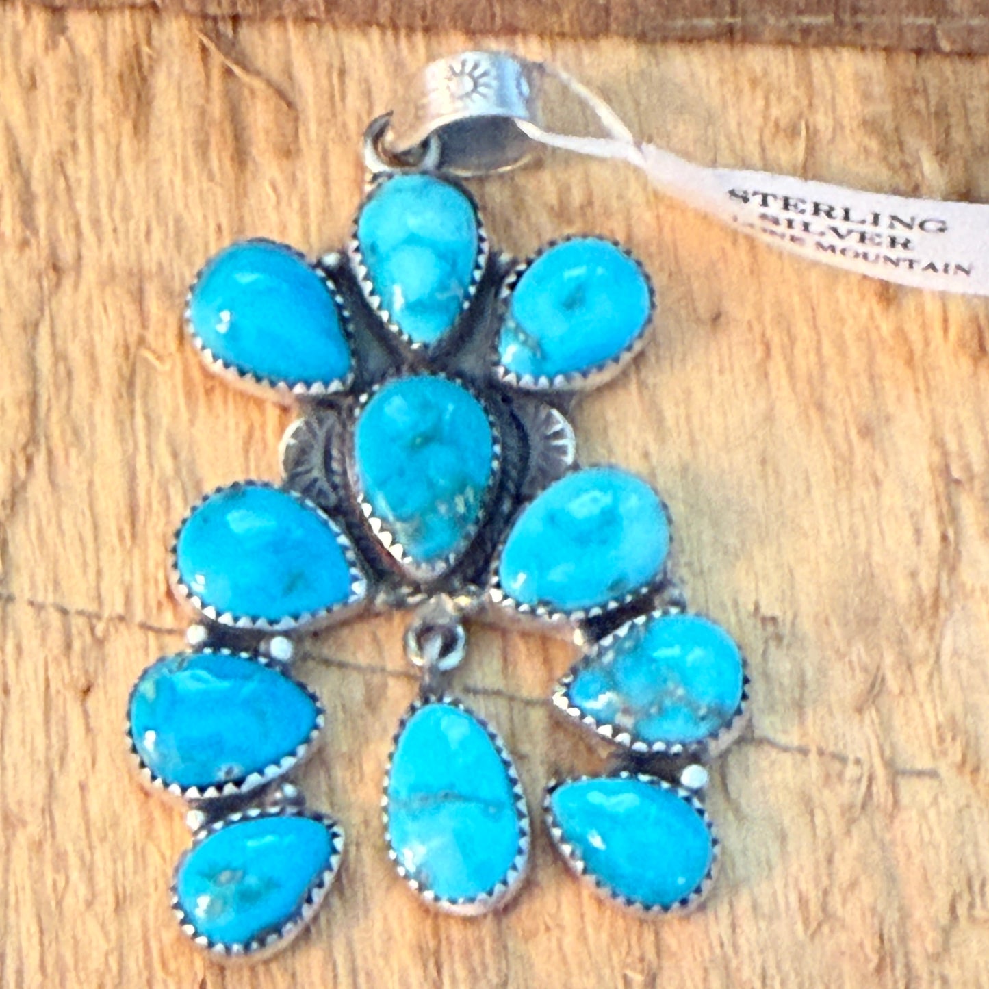 Native Inspired Lone Mountain Turquoise Cluster Sterling Silver Pendant