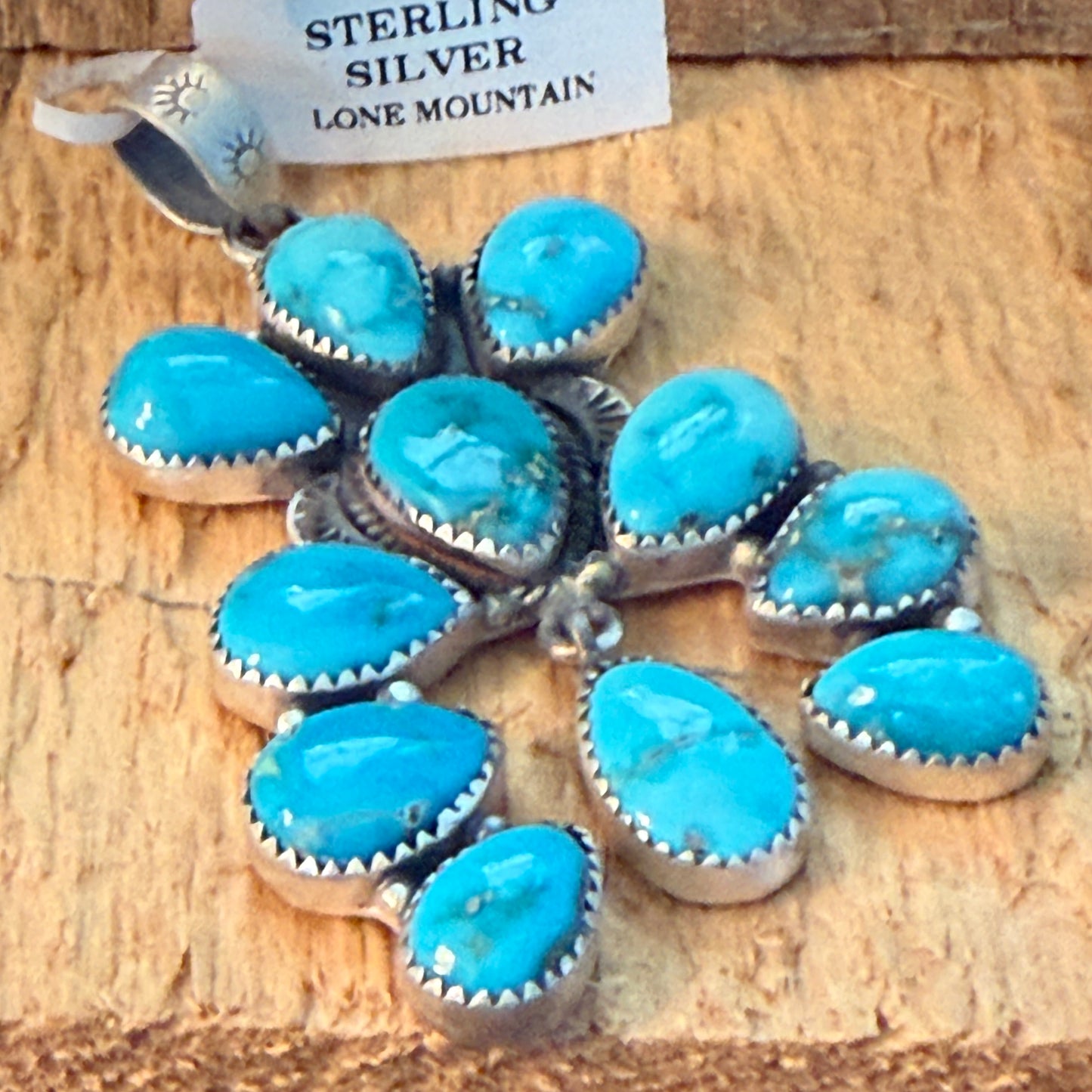 Native Inspired Lone Mountain Turquoise Cluster Sterling Silver Pendant