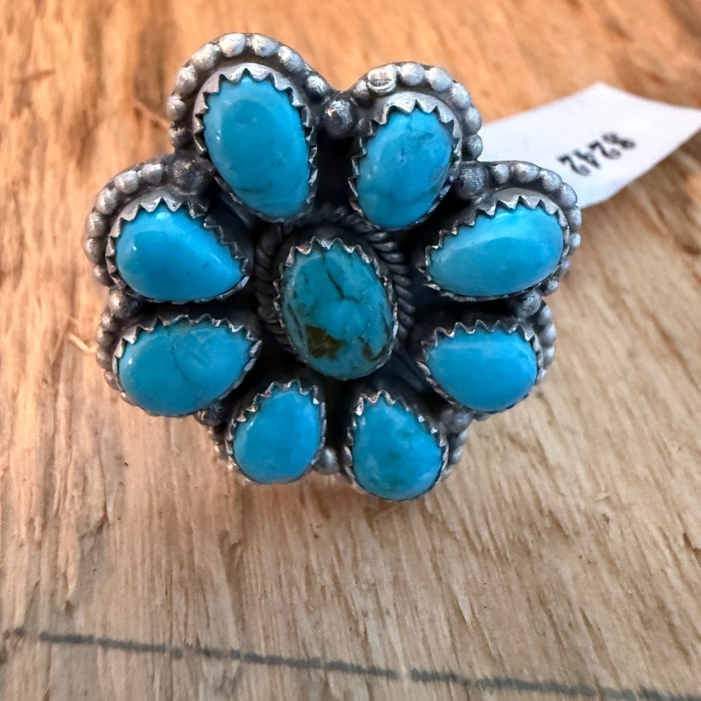 Tonopah Turquoise Nine Gem Cluster Ring Adjustable Sterling Silver