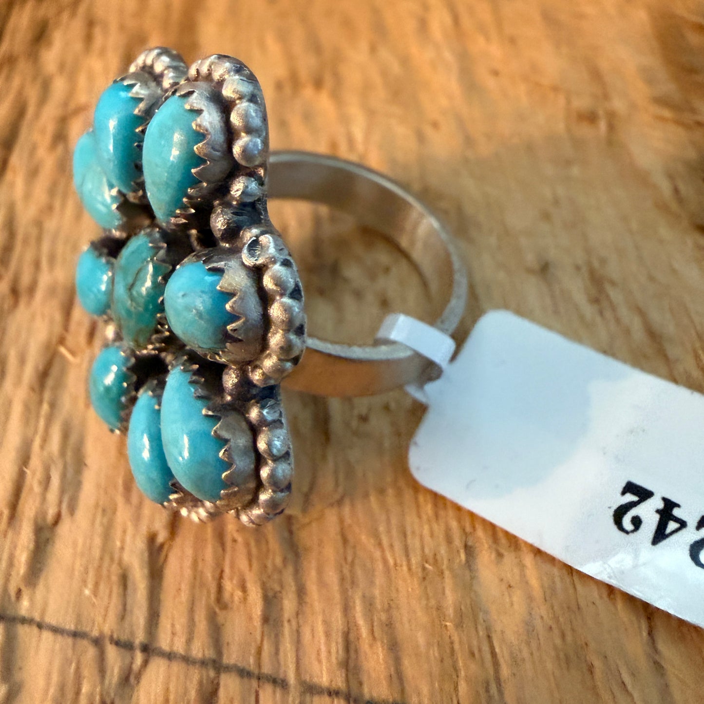 Tonopah Turquoise Nine Gem Cluster Ring Adjustable Sterling Silver