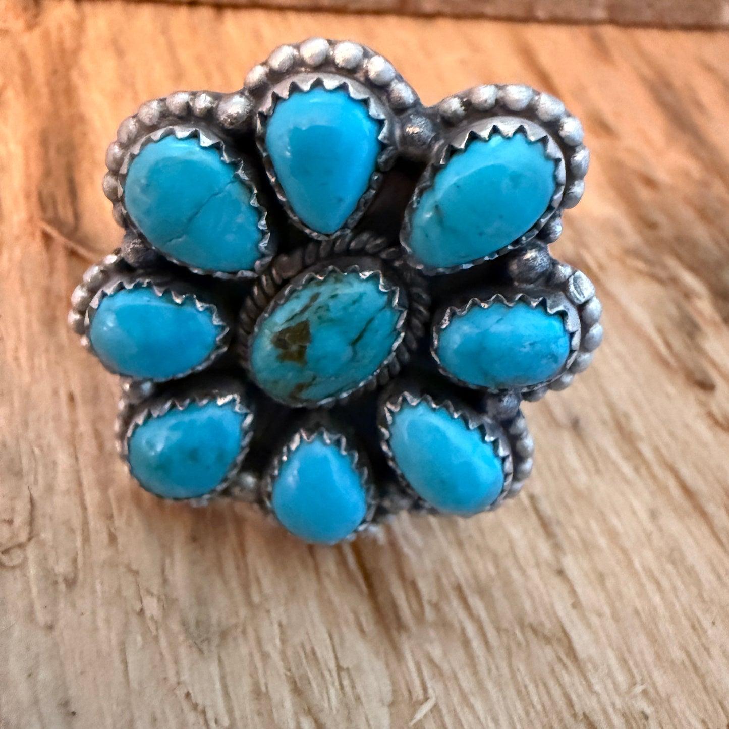 Tonopah Turquoise Nine Gem Cluster Ring Adjustable Sterling Silver