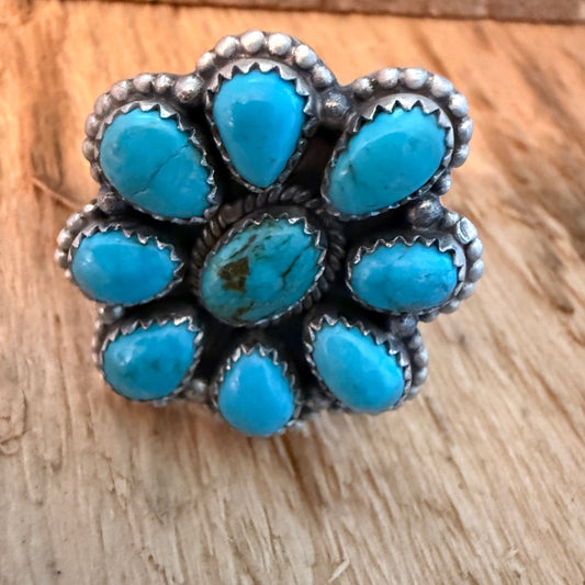 Tonopah Turquoise Nine Gem Cluster Ring Adjustable Sterling Silver