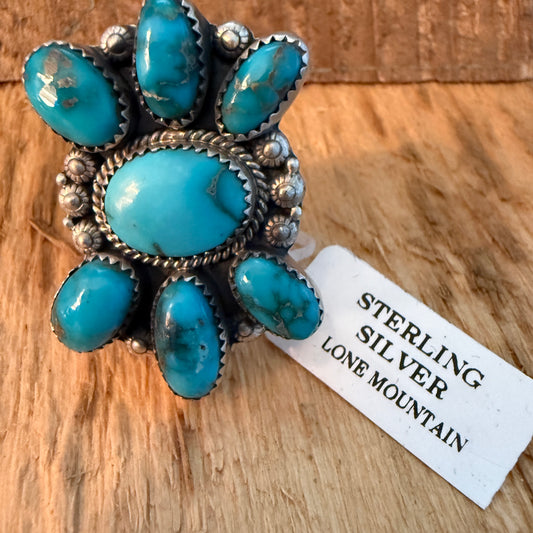 Lone Mountain Turquoise Seven Gemstone Sterling Silver Adjustable Cluster Ring