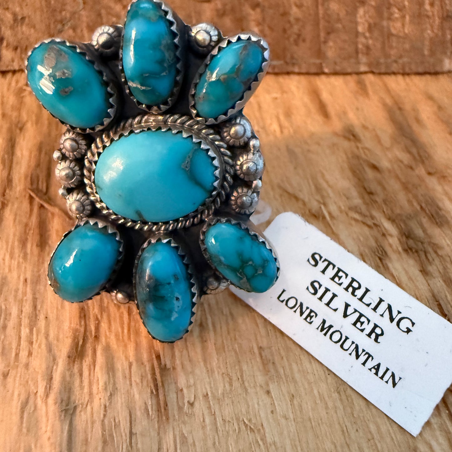 Lone Mountain Turquoise Seven Gemstone Sterling Silver Adjustable Cluster Ring
