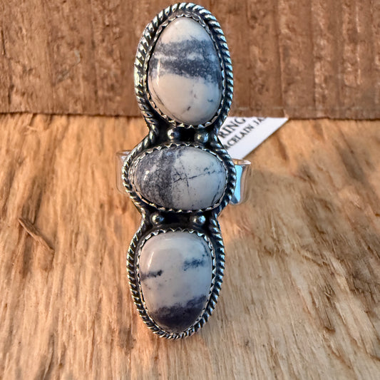 Three Gem Porcelain Jasper Cuff Ring in Sterling Silver Adjustable