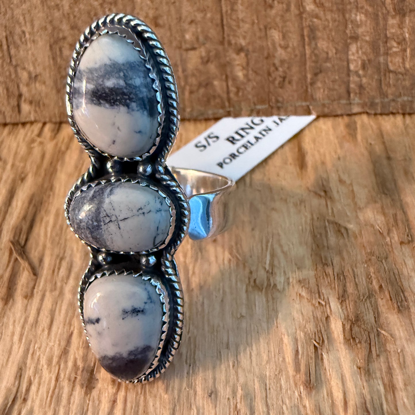 Three Gem Porcelain Jasper Cuff Ring in Sterling Silver Adjustable