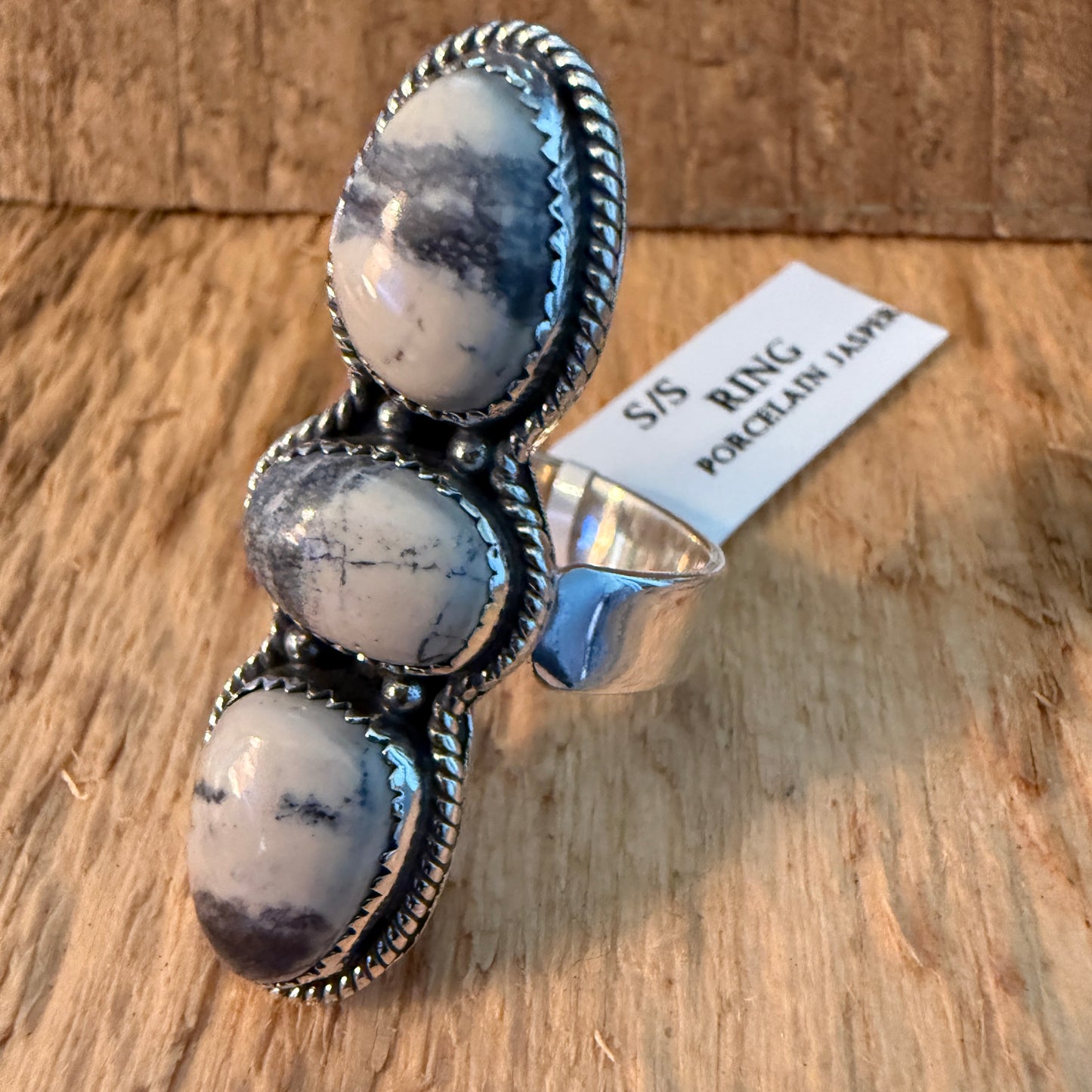 Three Gem Porcelain Jasper Cuff Ring in Sterling Silver Adjustable
