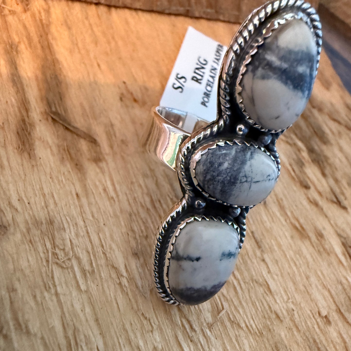 Three Gem Porcelain Jasper Cuff Ring in Sterling Silver Adjustable