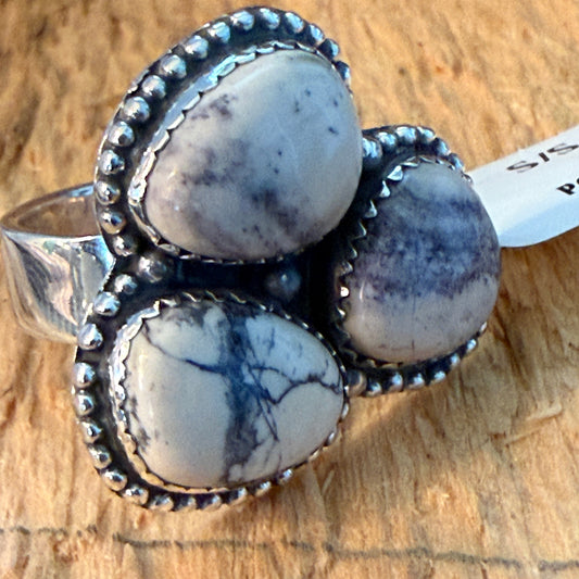 Handcrafted Porcelain Jasper Turquoise 3 Gemstone Cluster Ring Sterling Silver