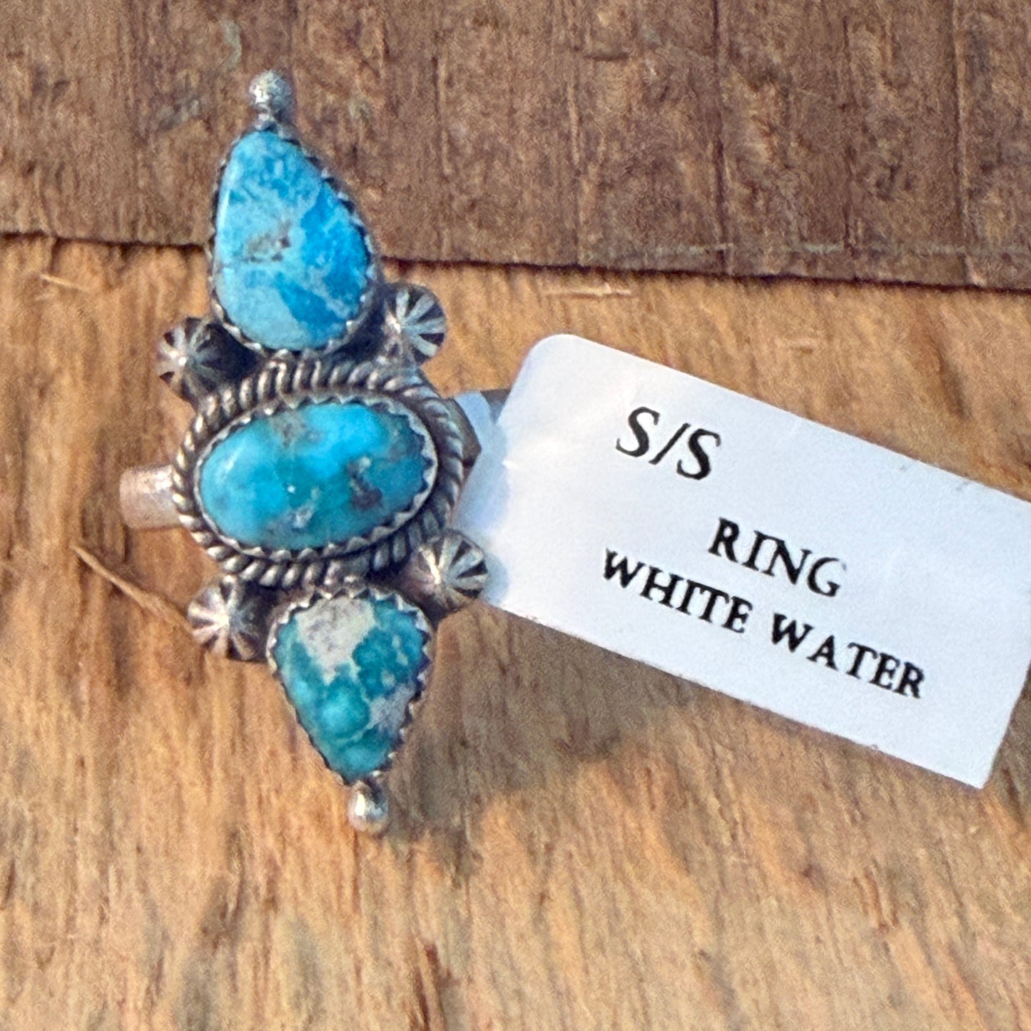 Handcrafted White Water Turquoise Three Gem Sterling Silver Ring Adjustable
