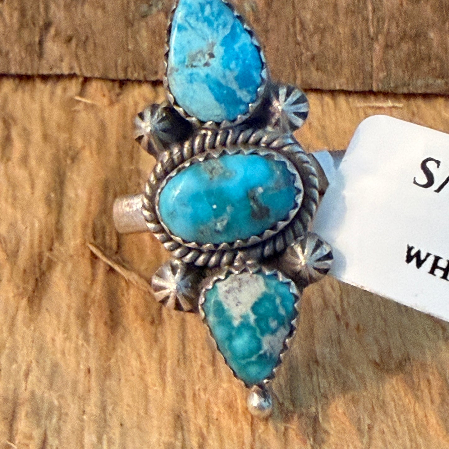 Handcrafted White Water Turquoise Three Gem Sterling Silver Ring Adjustable