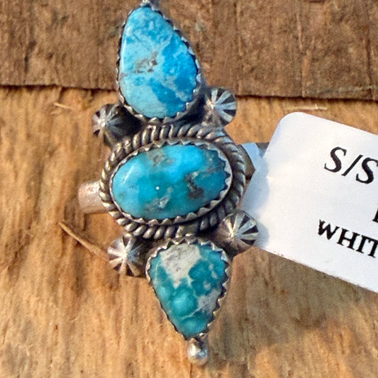 Handcrafted White Water Turquoise Three Gem Sterling Silver Ring Adjustable