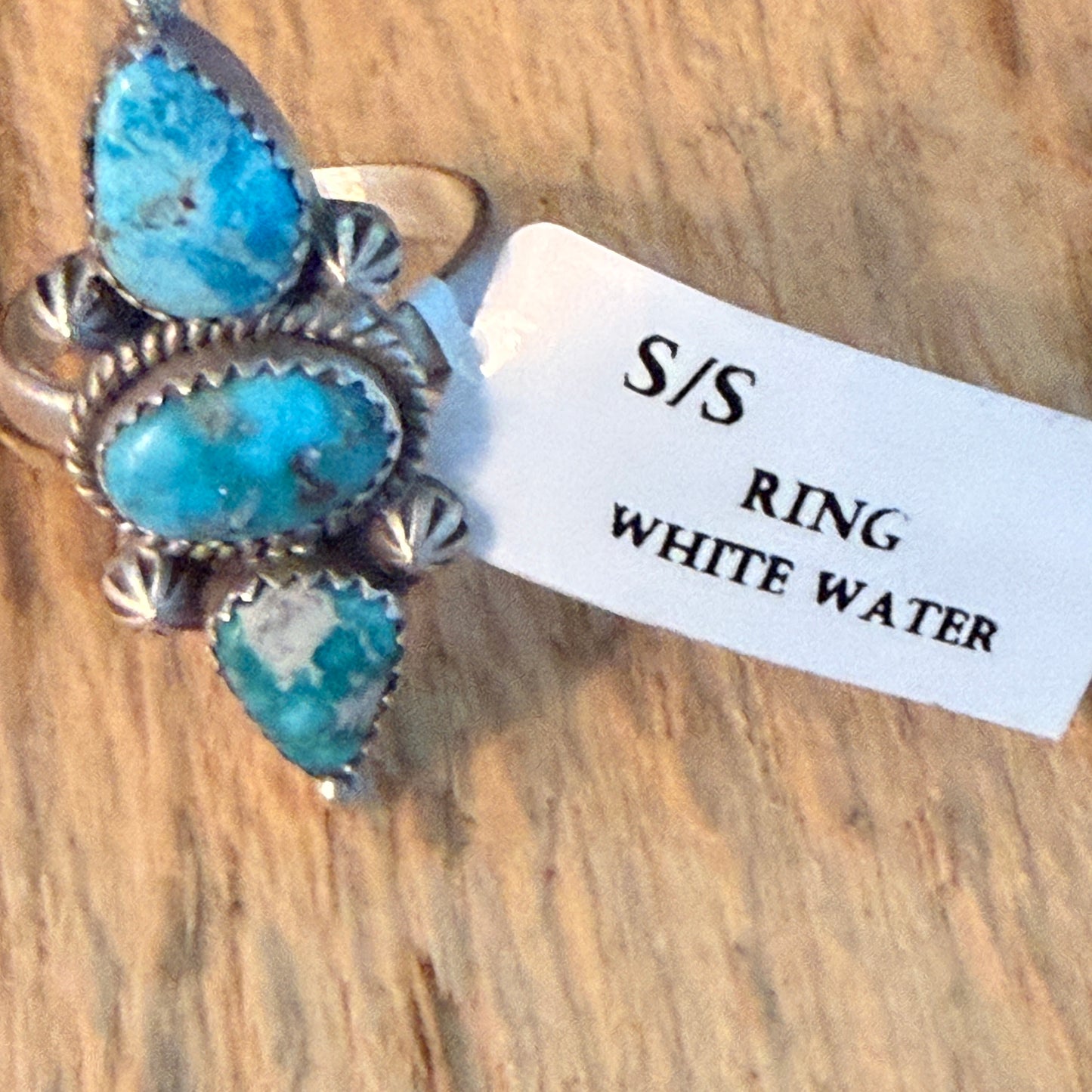 Handcrafted White Water Turquoise Three Gem Sterling Silver Ring Adjustable