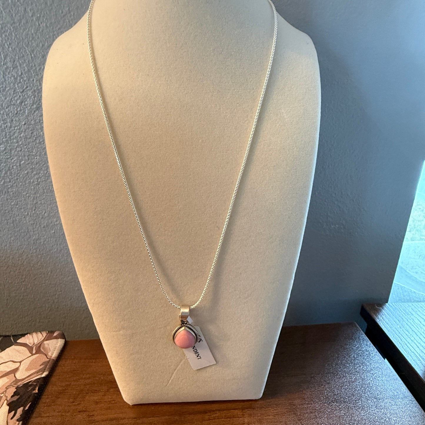 Handcrafted Pink Conch Gemstone Necklace With Sterling Silver 18 Inch Chain