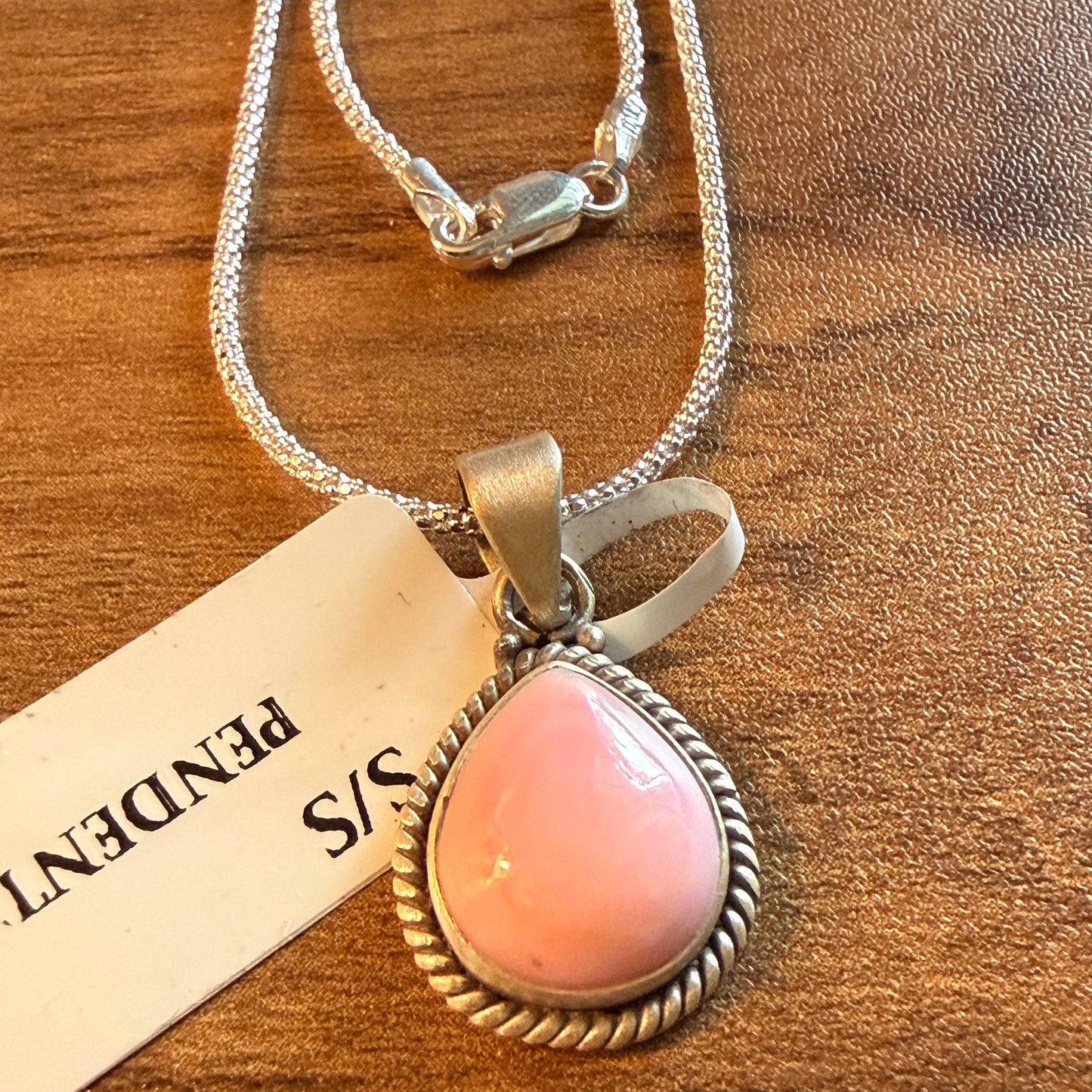 Handcrafted Pink Conch Gemstone Necklace With Sterling Silver 18 Inch Chain