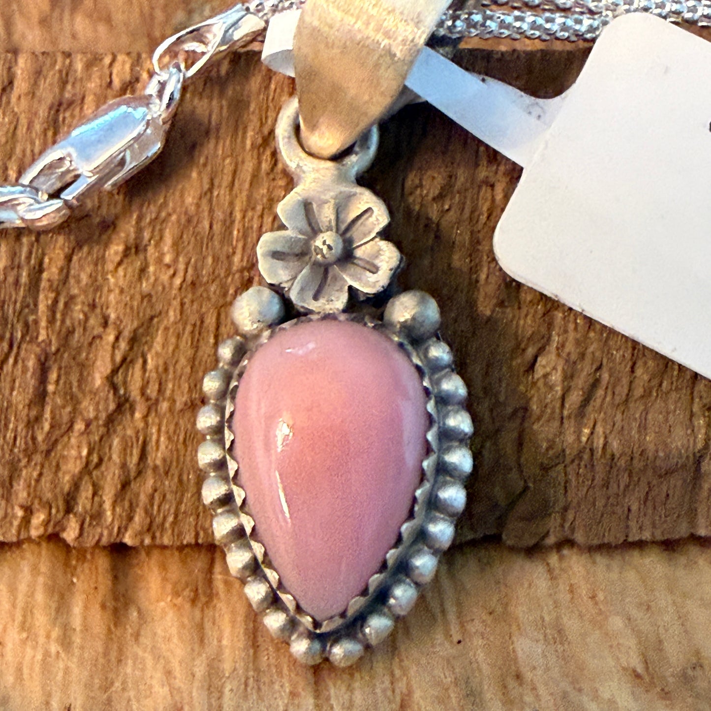 Handcrafted Pink Conch Floral Gemstone Sterling Silver Necklace 18 Inch Chain