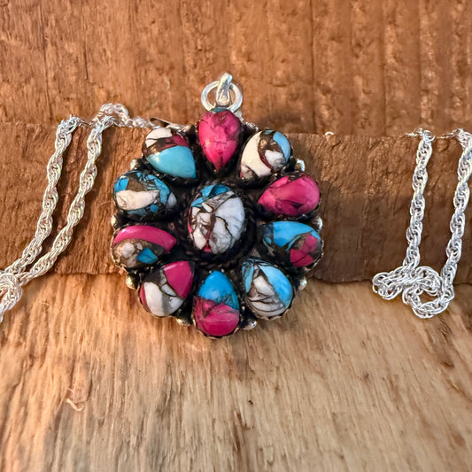 Cotton Candy Gemstone Cluster Necklace Sterling Silver 18 Inch Chain