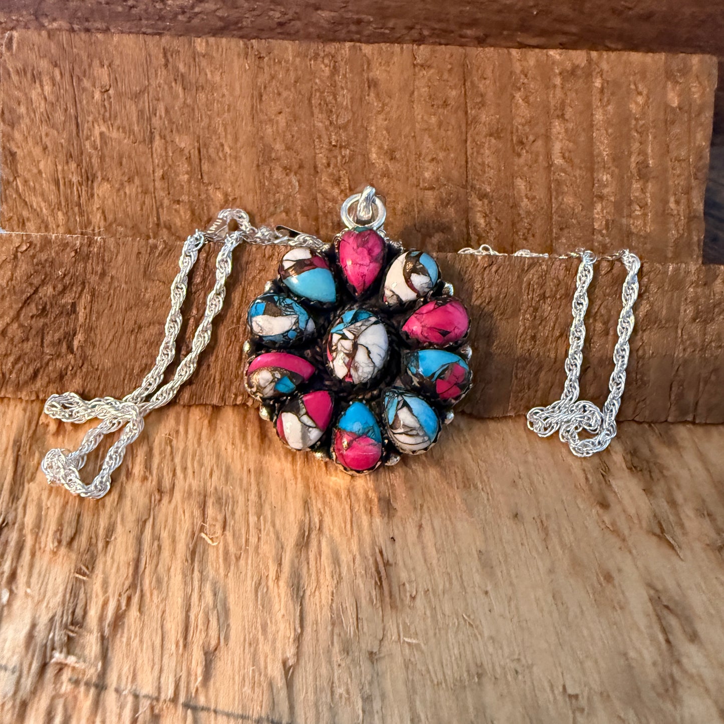 Cotton Candy Gemstone Cluster Necklace Sterling Silver 18 Inch Chain