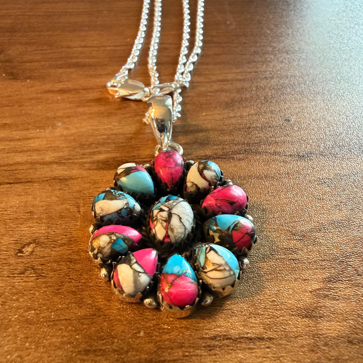 Cotton Candy Gemstone Cluster Necklace Sterling Silver 18 Inch Chain