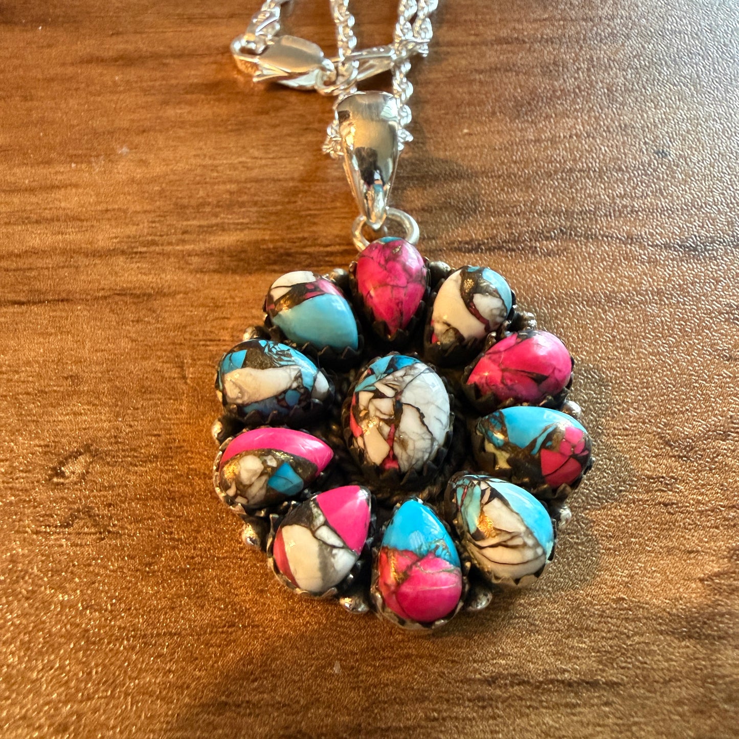 Cotton Candy Gemstone Cluster Necklace Sterling Silver 18 Inch Chain
