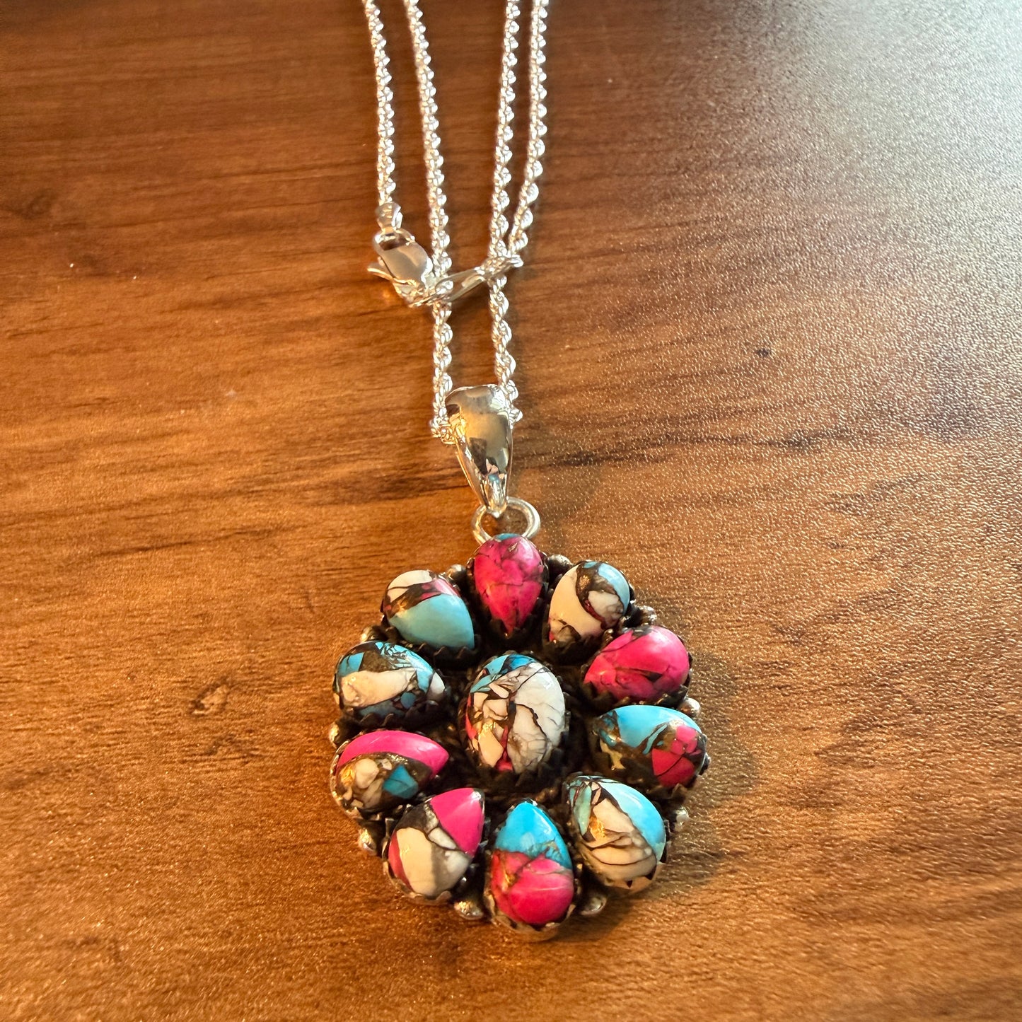 Cotton Candy Gemstone Cluster Necklace Sterling Silver 18 Inch Chain
