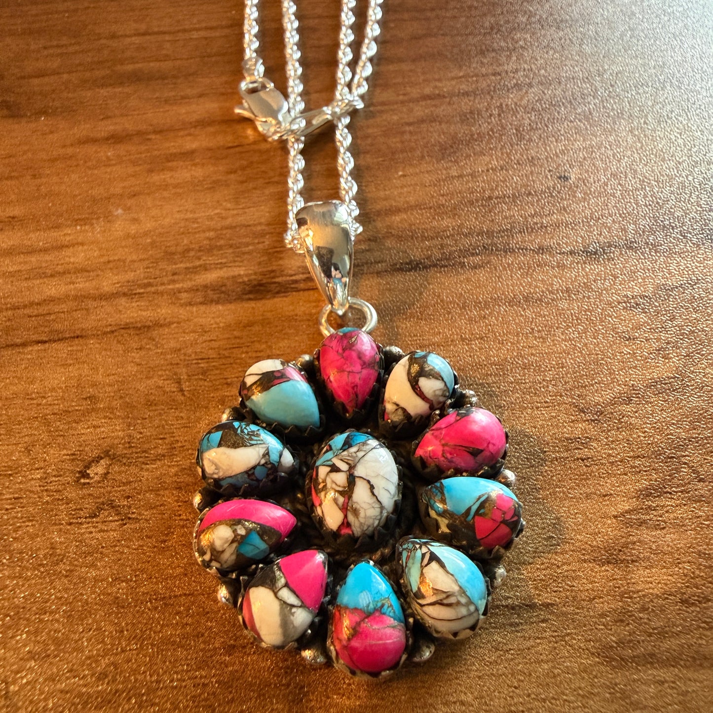 Cotton Candy Gemstone Cluster Necklace Sterling Silver 18 Inch Chain