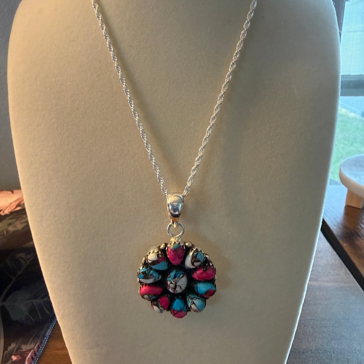 Cotton Candy Gemstone Cluster Necklace Sterling Silver 18 Inch Chain