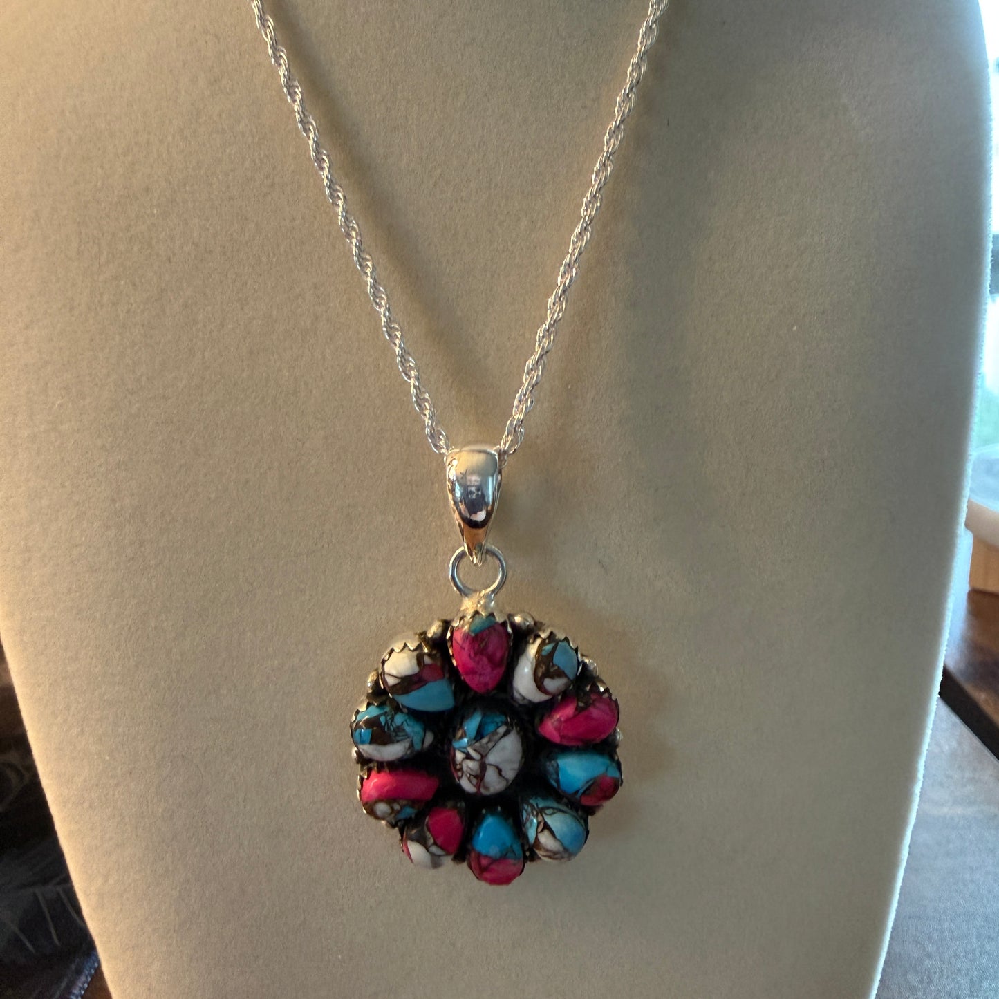 Cotton Candy Gemstone Cluster Necklace Sterling Silver 18 Inch Chain