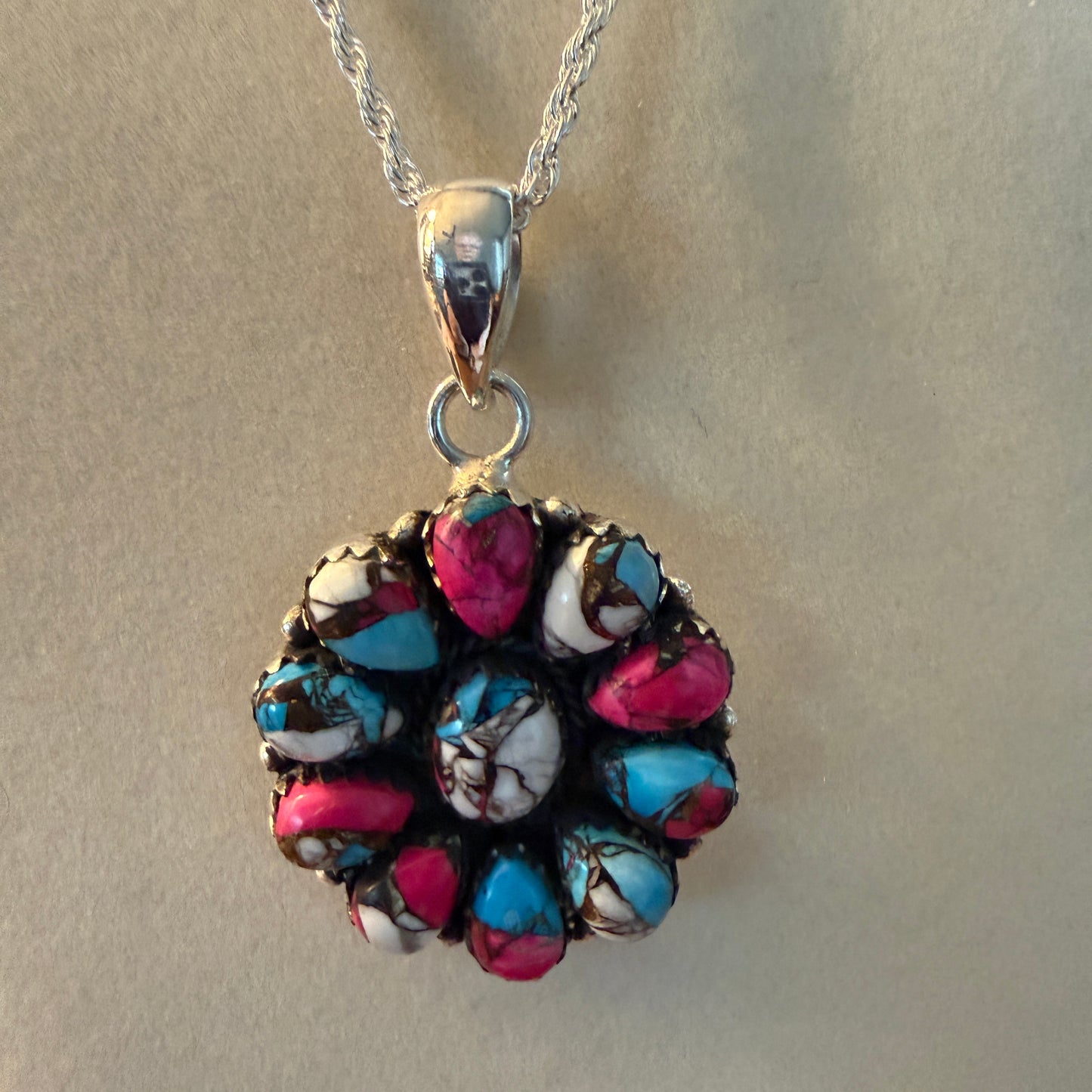 Cotton Candy Gemstone Cluster Necklace Sterling Silver 18 Inch Chain