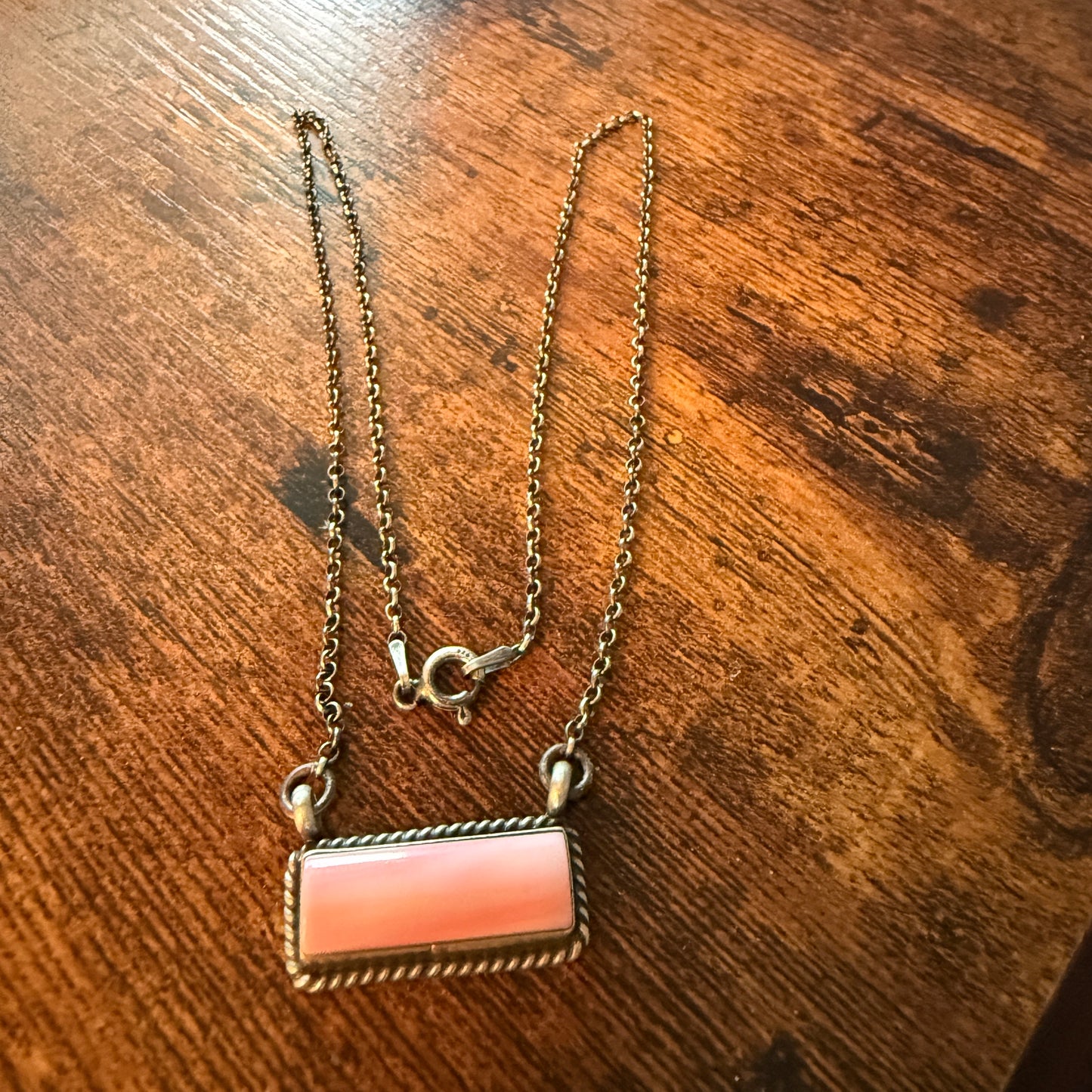 Johnny Dixon Signed Pink Conch Bar Necklace Sterling Silver 16 Inch Chain