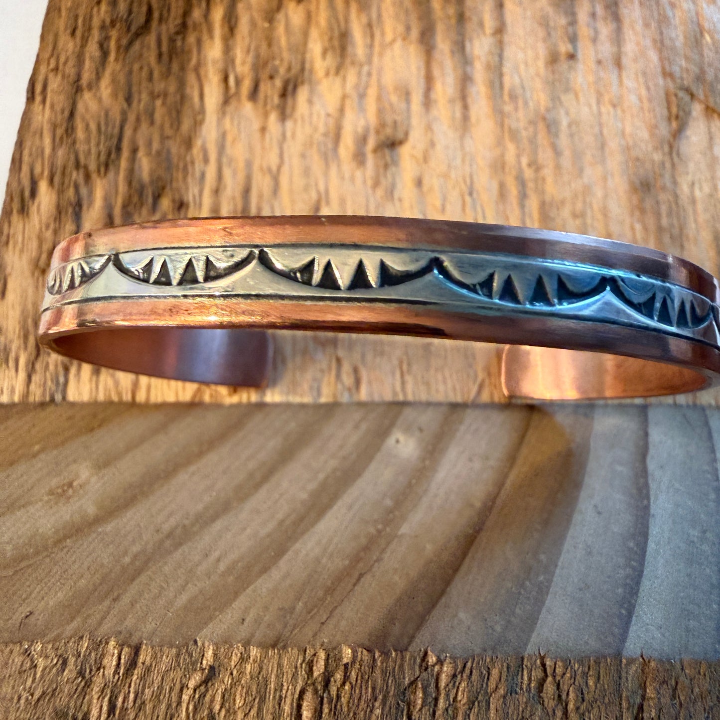 Handcrafted Wylie Secatero Signed Copper Sterling Silver Cuff Bracelet, Size 7