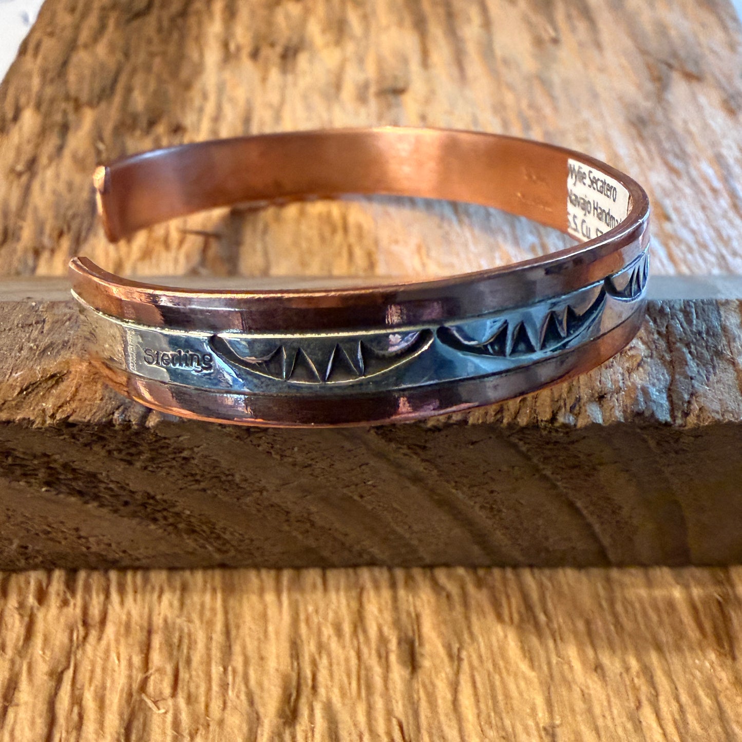 Handcrafted Wylie Secatero Signed Copper Sterling Silver Cuff Bracelet, Size 7