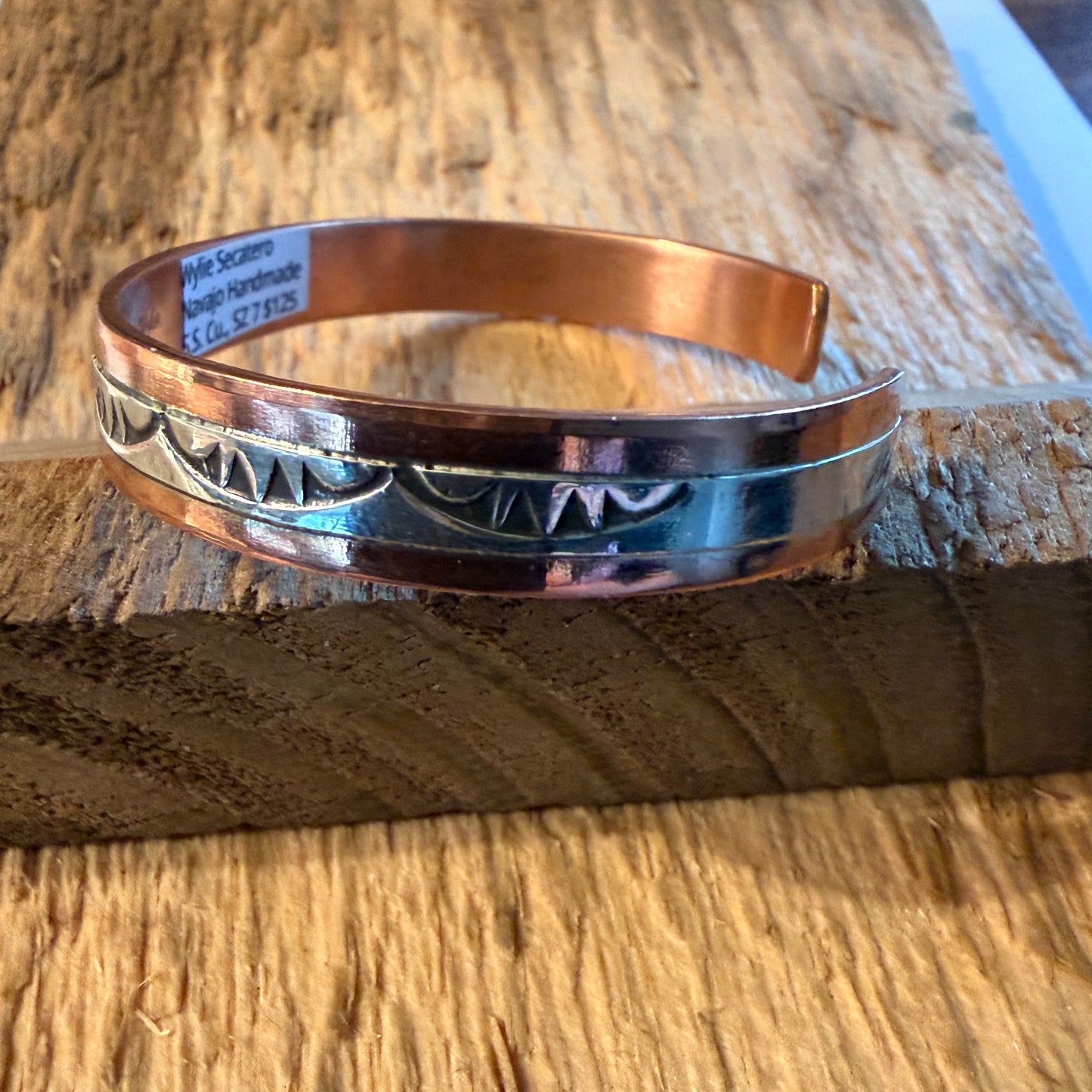 Handcrafted Wylie Secatero Signed Copper Sterling Silver Cuff Bracelet, Size 7