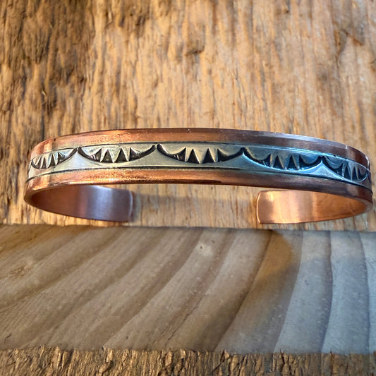 Handcrafted Wylie Secatero Signed Copper Sterling Silver Cuff Bracelet, Size 7