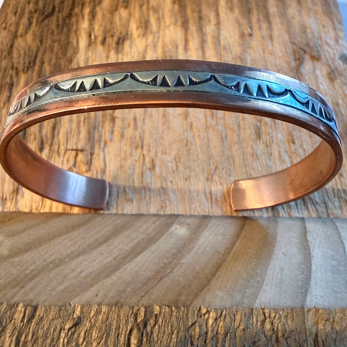 Handcrafted Wylie Secatero Signed Copper Sterling Silver Cuff Bracelet, Size 7