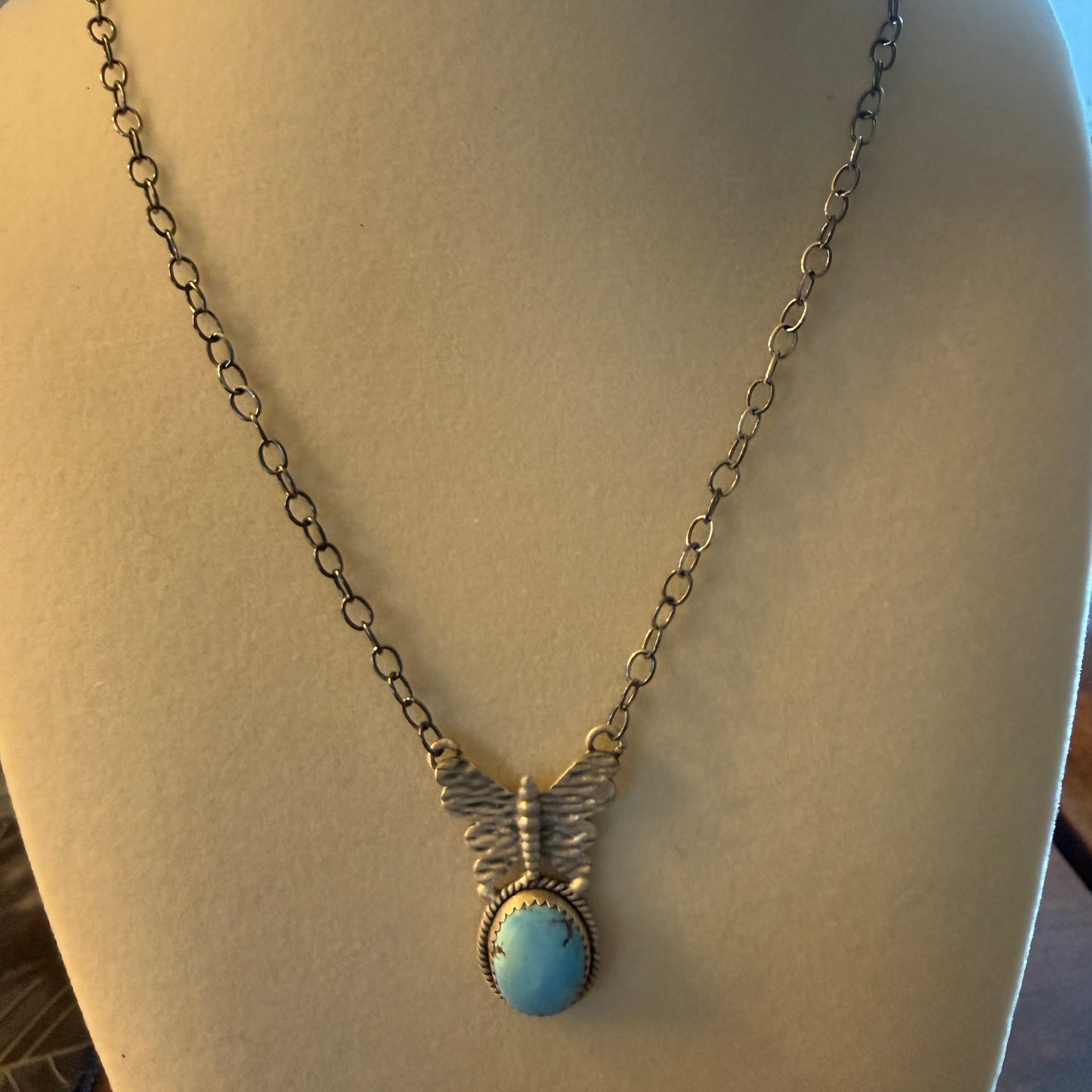 Golden Hill Turquoise Gemstone Butterfly Sterling Silver Necklace 18 Inch Chain