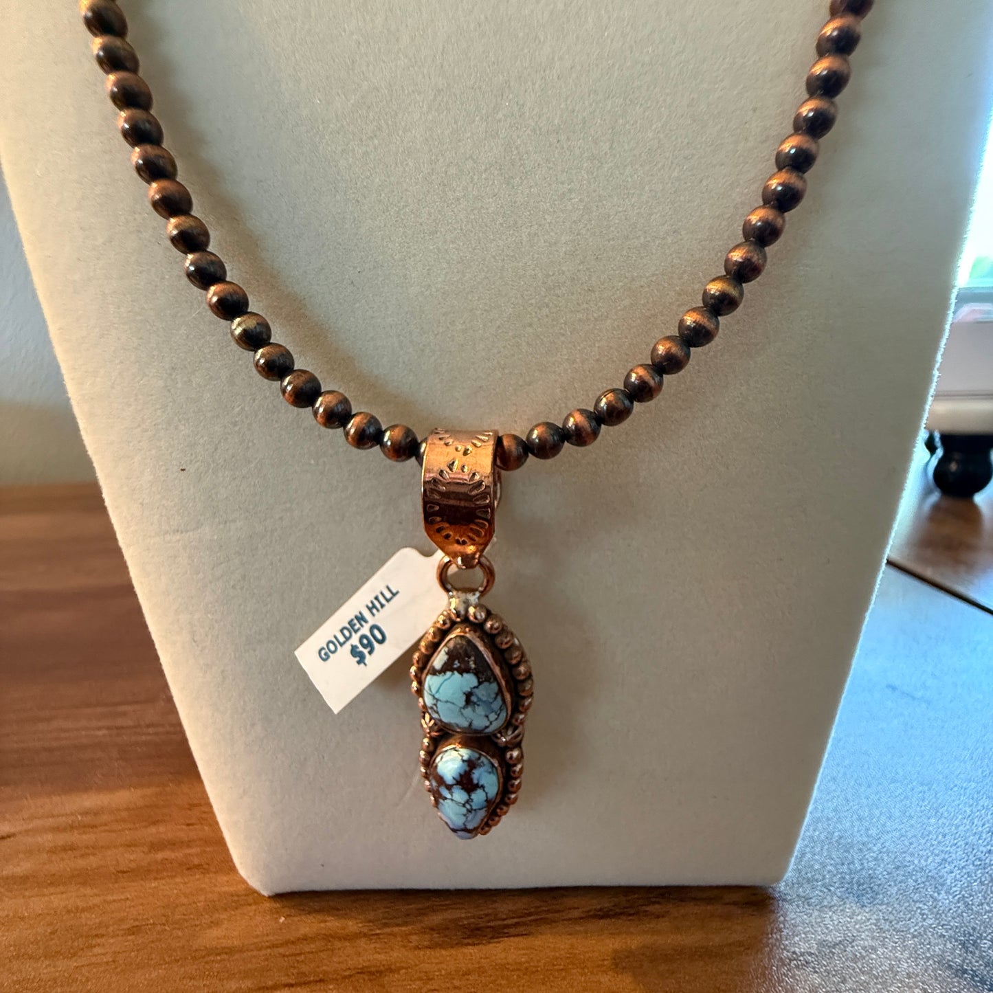 Handcrafted Golden Hill Turquoise Pendant With Copper Chain 18 Inch Necklace