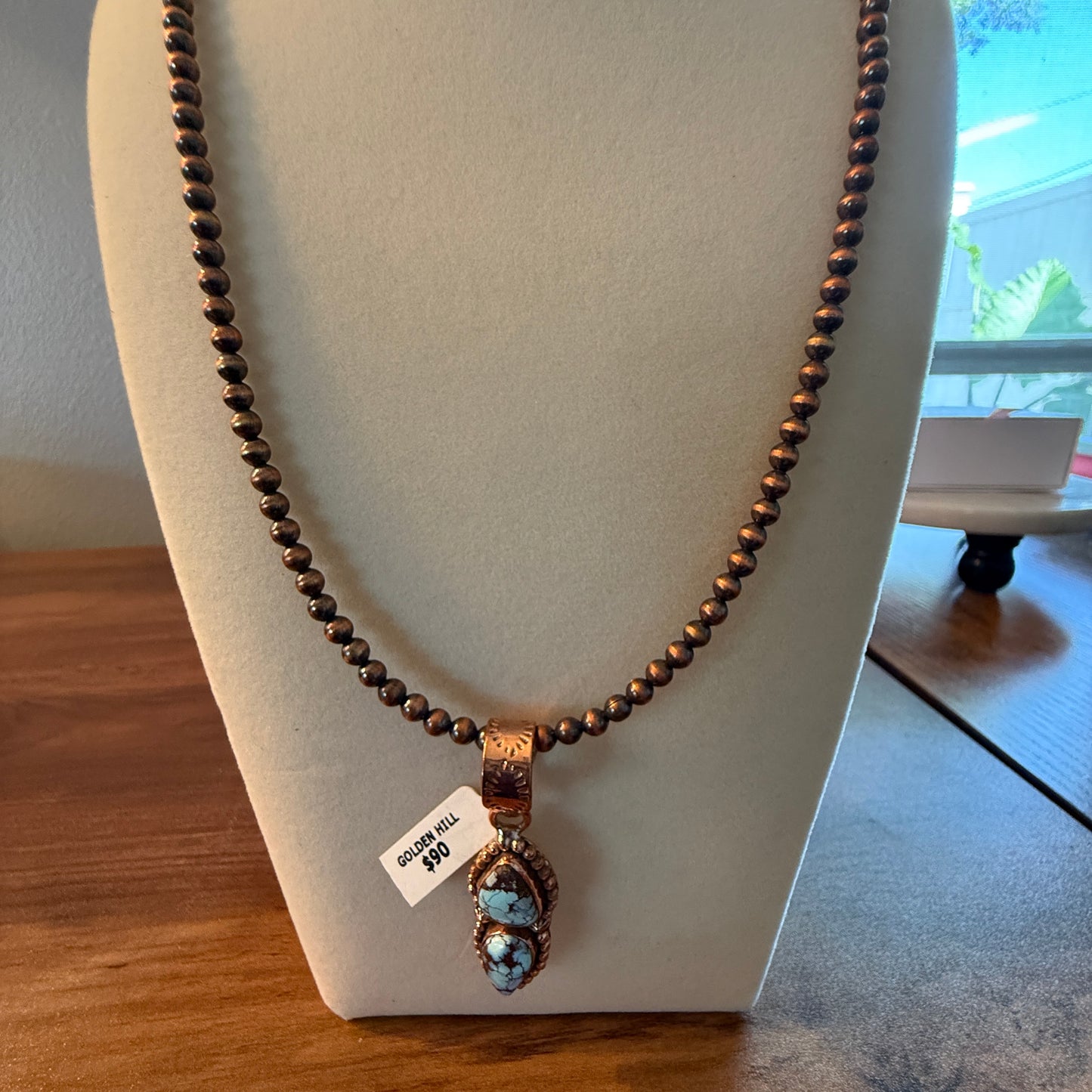 Handcrafted Golden Hill Turquoise Pendant With Copper Chain 18 Inch Necklace