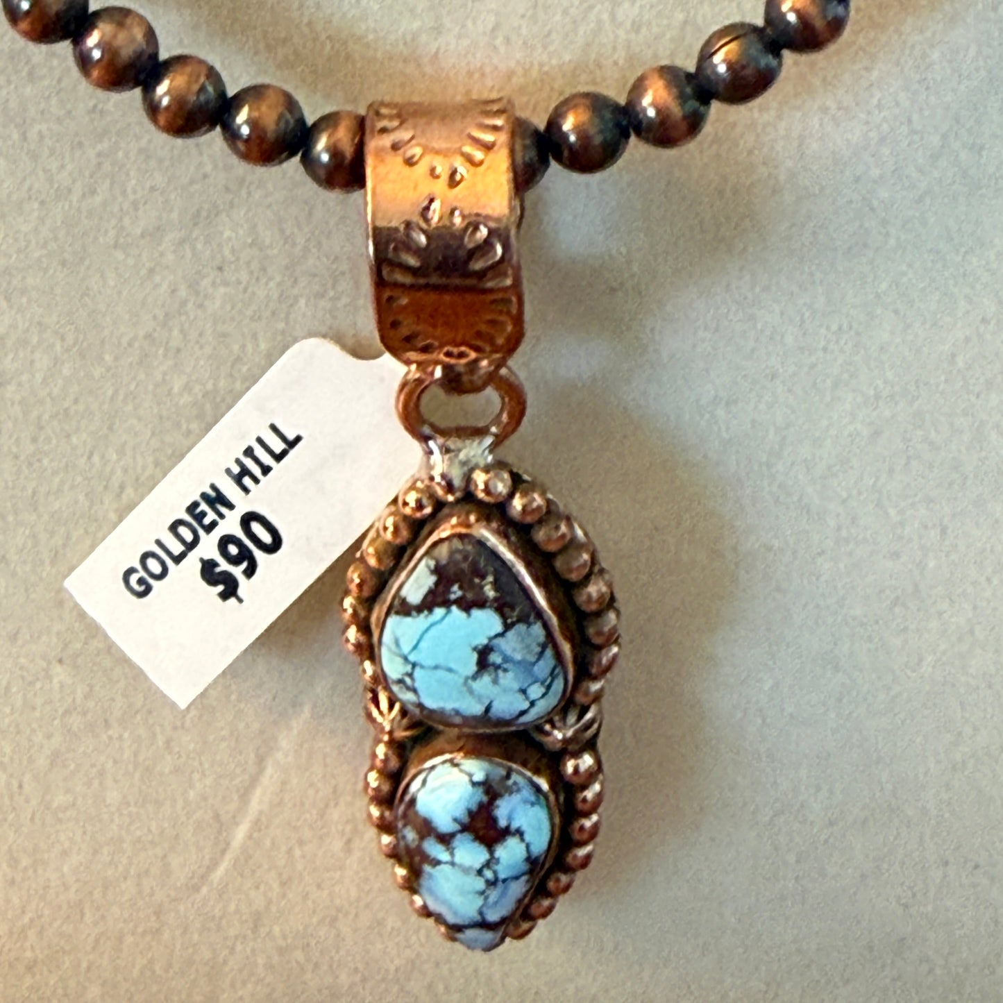 Handcrafted Golden Hill Turquoise Pendant With Copper Chain 18 Inch Necklace
