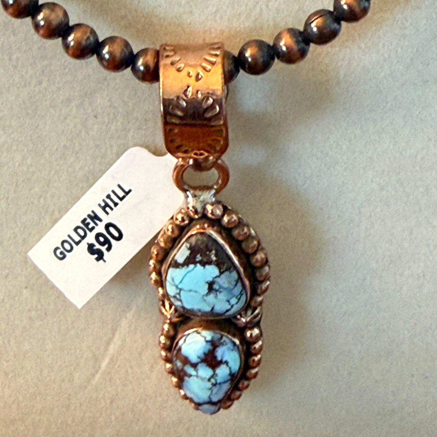 Handcrafted Golden Hill Turquoise Pendant With Copper Chain 18 Inch Necklace